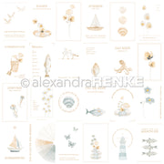 Eine Collage aus minimalistischen, pastellfarbenen nautischen und floralen Illustrationen mit deutschem Text von Alexandra Renke - ideal für Papierprojekte oder als Designpapier. Ein Wasserzeichen läuft quer durch die Mitte.