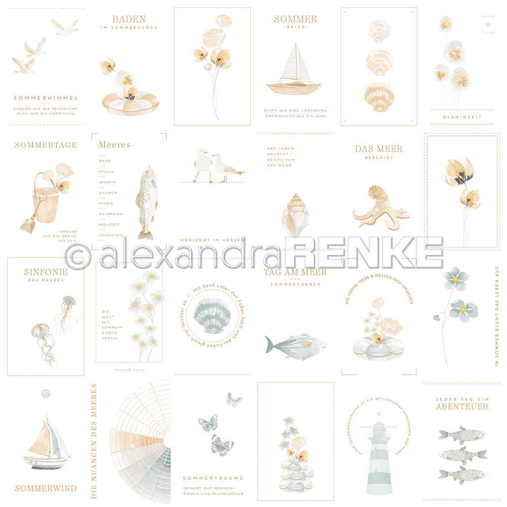 Eine Collage aus minimalistischen, pastellfarbenen nautischen und floralen Illustrationen mit deutschem Text von Alexandra Renke - ideal für Papierprojekte oder als Designpapier. Ein Wasserzeichen läuft quer durch die Mitte.