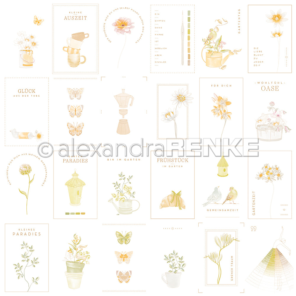 Zarte, pastellige Illustrationen von Blumen, Pflanzen, Schmetterlingen, Kaffee und Gartenartikeln von Alexandra Renke - ideal für Papierprojekte oder als Designpapier für Ihren nächsten Floralen Kärtchenbogen.
