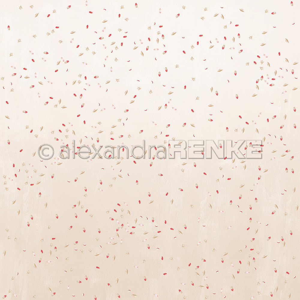 Beigefarbener Hintergrund mit verstreuten kleinen roten und beigen blattähnlichen Formen, die ein zartes, minimales Muster ergeben - perfekt als stilvolles Designpapier für Buchbinderei oder Papierprojekte von Alexandra Renke.