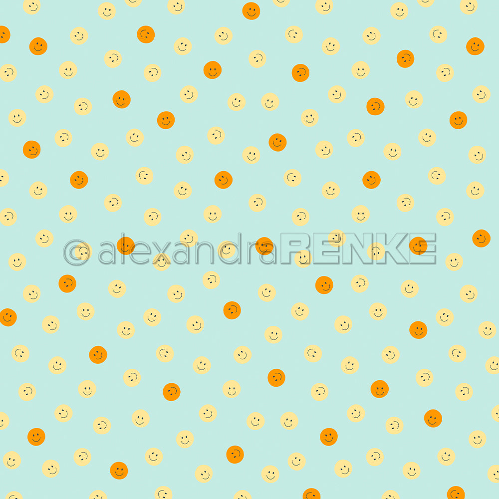 Hellblauer Hintergrund mit orangefarbenen und gelben Smileys in einem sich wiederholenden, gleichmäßig angeordneten Muster – das perfekte Designpapier für Ihre „Summer Special Smileys“ oder kreative Papierprojekte.