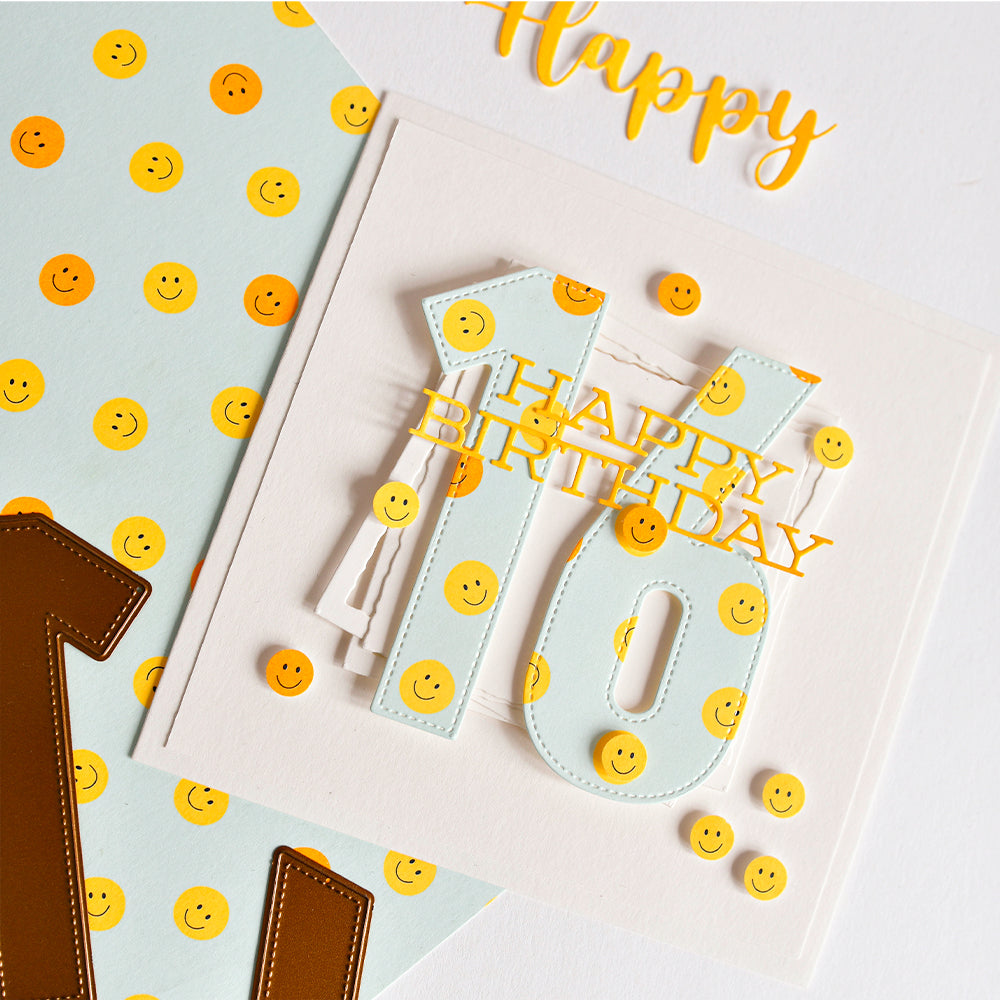 Karte zum 16. Geburtstag mit Smiley-Motiv und verstreutem gelbem Smiley-Konfetti auf weißem Hintergrund, gefertigt aus hochwertigem Neon-Papier, um Ihrer Grußkartensammlung zusätzlichen Glanz zu verleihen.