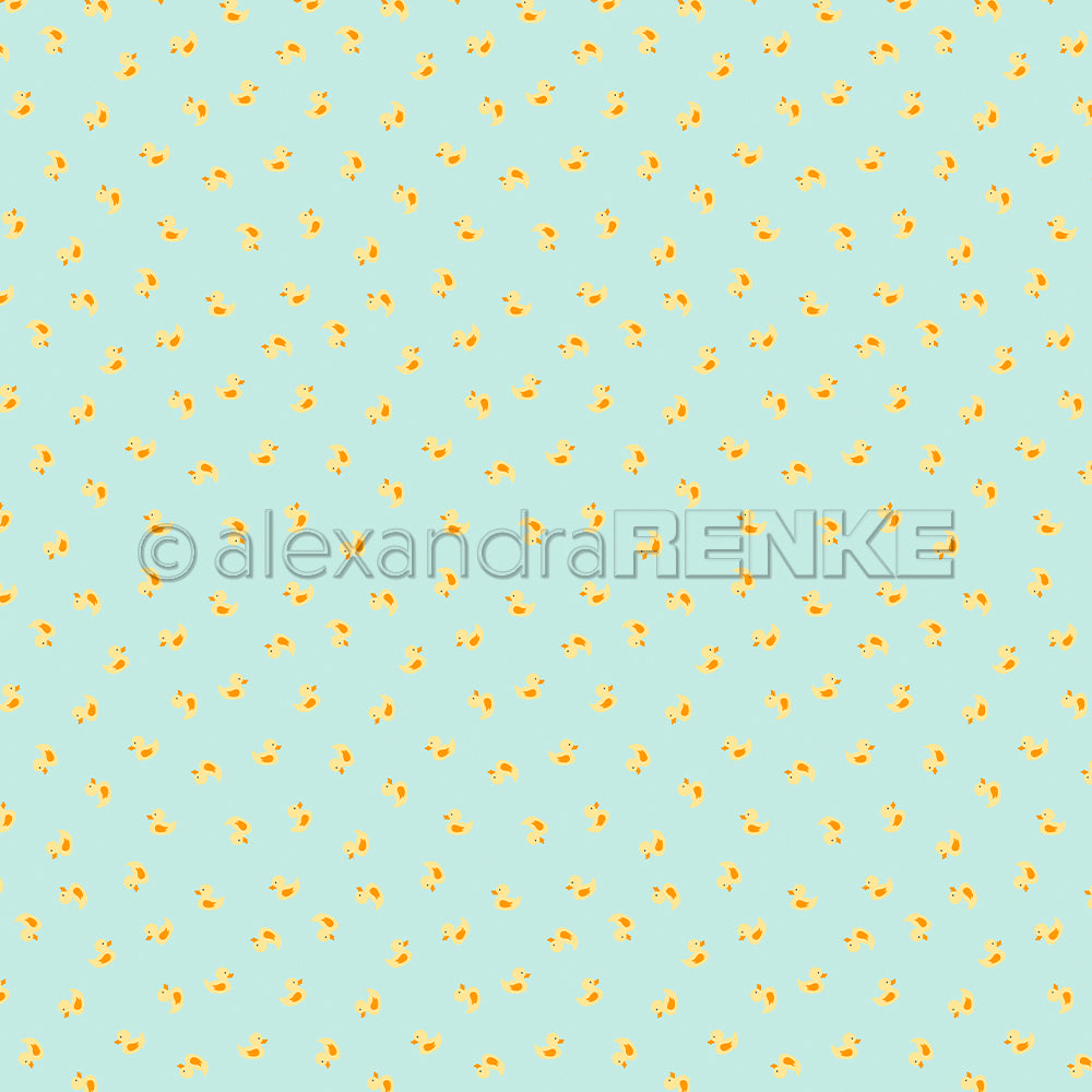 Hellblauer Hintergrund mit einem sich wiederholenden Muster aus kleinen, gelben Küken, die über die gesamte Fläche verteilt sind – perfekt für Grußkarten oder als bezauberndes Designpapier für Papierprojekte.