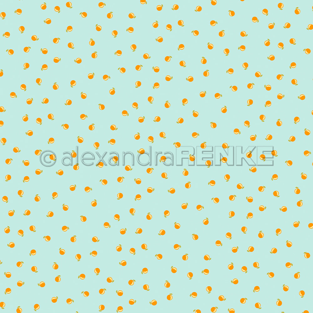 Kleine orangefarbene Punkte mit grünen Blättern, die auf einem hellblauen Hintergrund verstreut sind, ergeben ein lebhaftes Designpapier, das sich perfekt für sommerliche, von Orangen inspirierte Papierprojekte eignet.