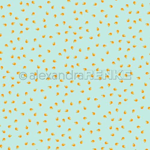 Kleine orangefarbene Punkte mit grünen Blättern, die auf einem hellblauen Hintergrund verstreut sind, ergeben ein lebhaftes Designpapier, das sich perfekt für sommerliche, von Orangen inspirierte Papierprojekte eignet.
