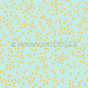 Kleine gelbe Zitronenscheiben, die in einem sich wiederholenden Muster auf einem hellblauen Hintergrund verteilt sind, machen dieses Designpapier zur perfekten Wahl für Ihre Papierprojekte im Rahmen des Sommer-Specials „Zitronenspalten“.