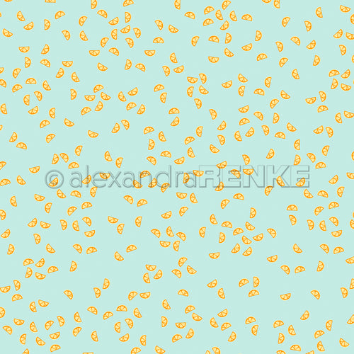 Kleine gelbe Zitronenscheiben, die in einem sich wiederholenden Muster auf einem hellblauen Hintergrund verteilt sind, machen dieses Designpapier zur perfekten Wahl für Ihre Papierprojekte im Rahmen des Sommer-Specials „Zitronenspalten“.