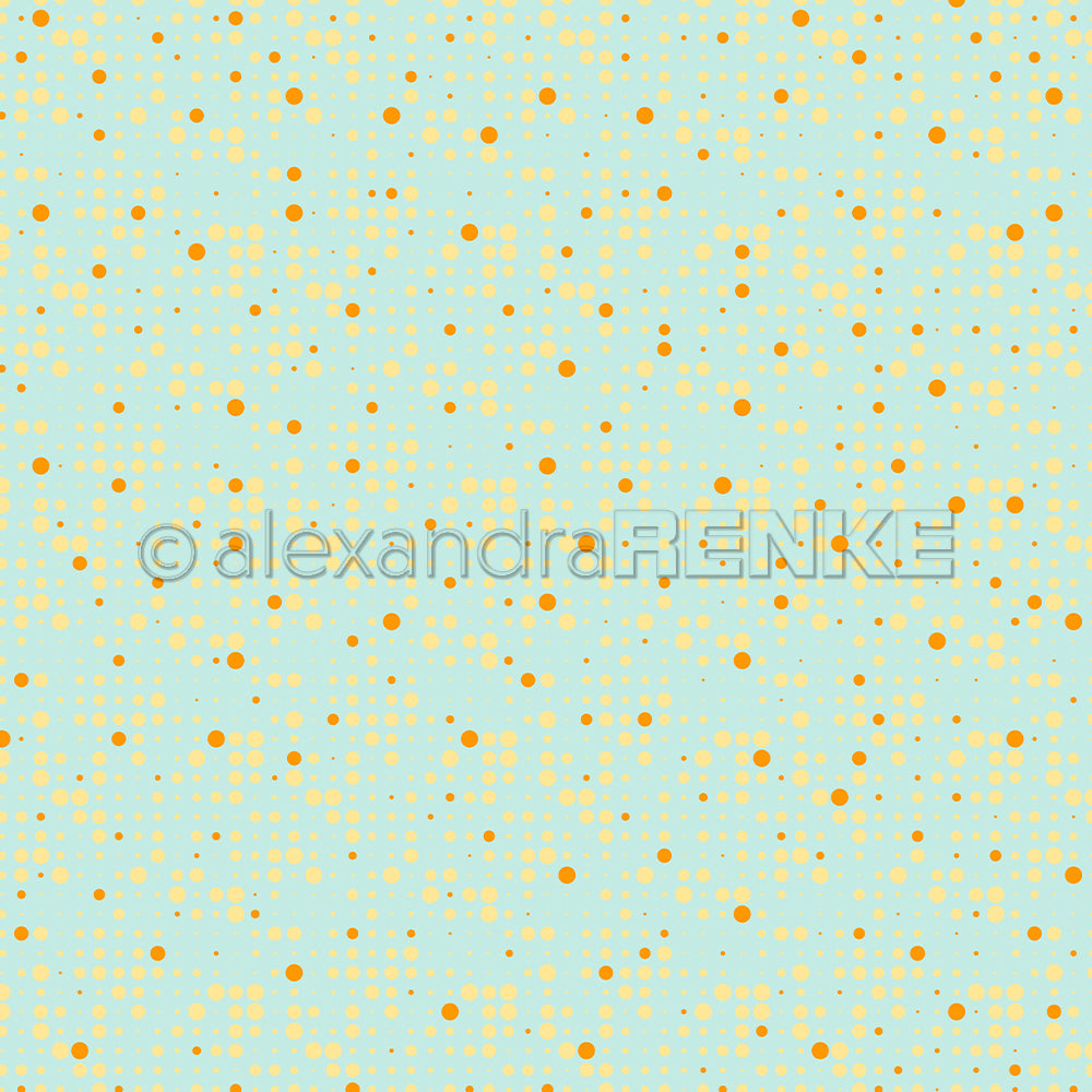 Hellblauer Hintergrund mit vereinzelten gelben und orangefarbenen Punkten in verschiedenen Größen, die ein zufälliges Muster bilden – das perfekte Designpapier für Papierprojekte oder kreative Buchbinderei.