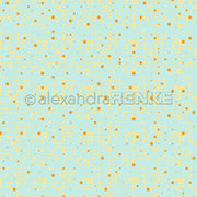 Hellblauer Hintergrund mit vereinzelten gelben und orangefarbenen Punkten in verschiedenen Größen, die ein zufälliges Muster bilden – das perfekte Designpapier für Papierprojekte oder kreative Buchbinderei.