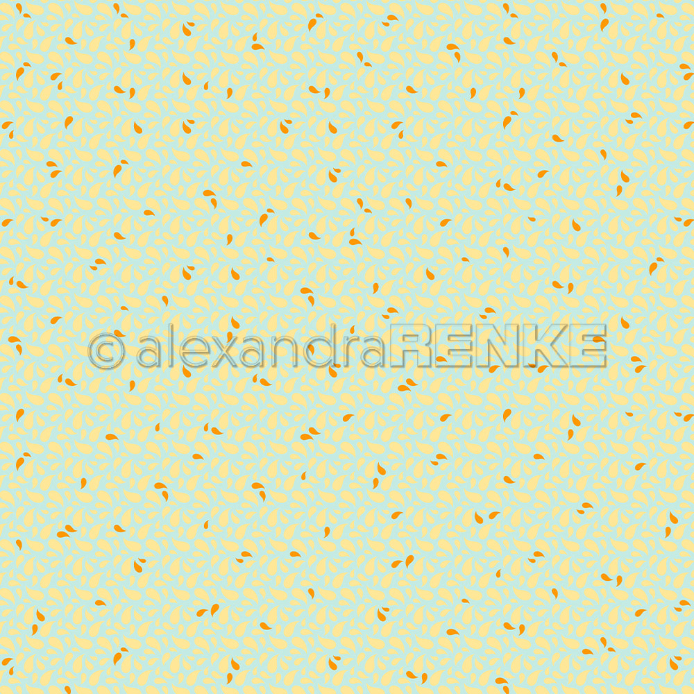 Gelbe und orangefarbene Blätter, die auf hellblauem Hintergrund in einem nahtlosen Muster verteilt sind – ideal für Papierprojekte oder als Designpapier für Ihre sommerlichen Bastelarbeiten zum Thema Paisley.