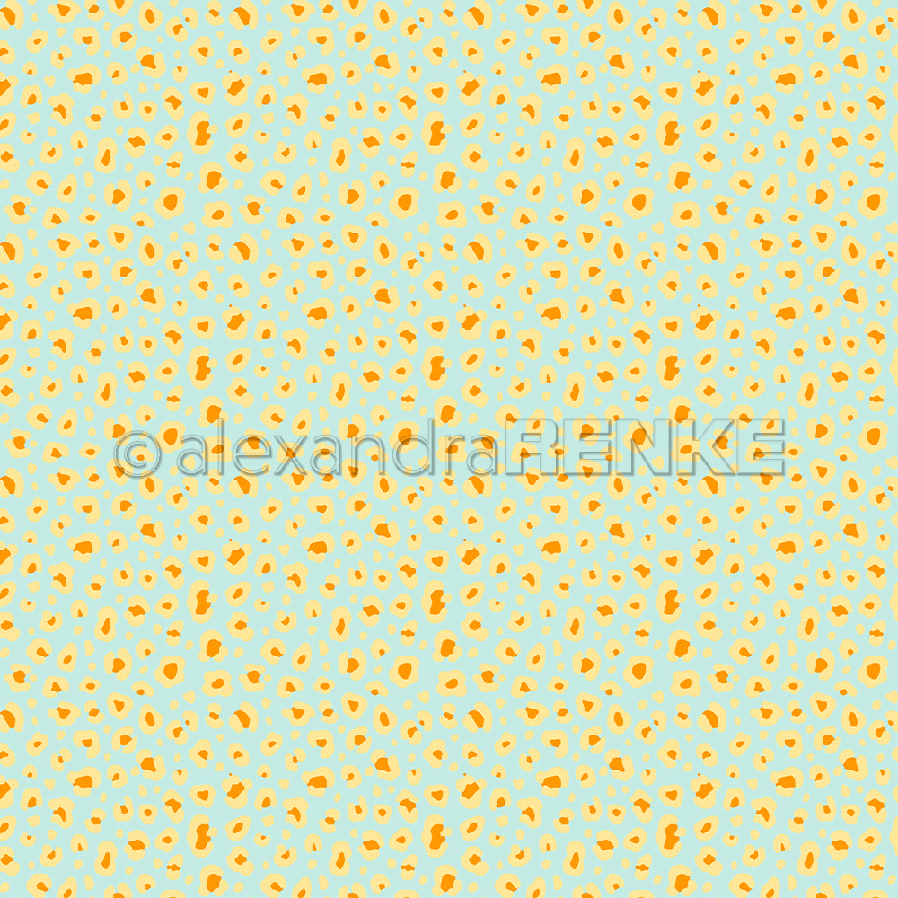 Gelbe und orangefarbene Leopardenflecken auf hellblauem Hintergrund bilden ein nahtloses, sich wiederholendes Muster – perfekt für Ihr nächstes Designpapier- oder Papierprojekte-Projekt.
