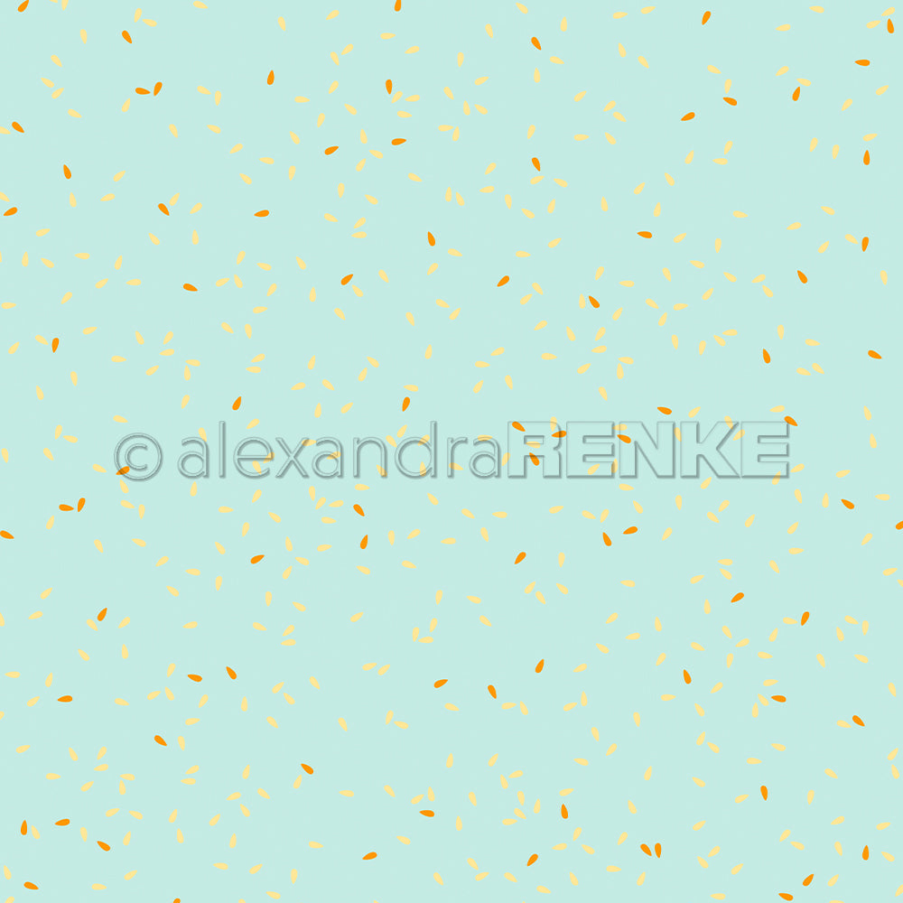 Hellblauer Hintergrund mit über das gesamte Bild verstreuten gelben und orangefarbenen, streuselartigen Formen – ideal für Designpapier oder kreative Papierprojekte, die von verspielten Blütenblattmotiven inspiriert sind.