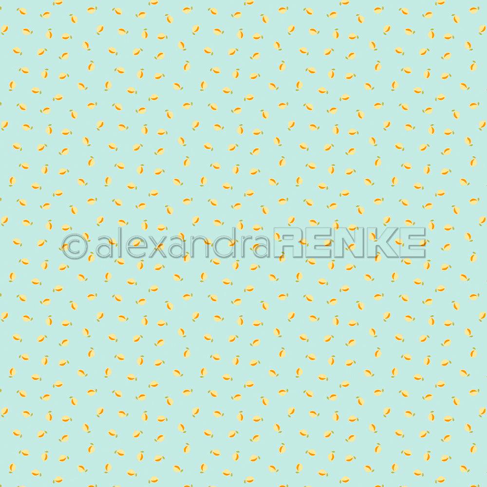 Kleine gelbe Bananen sind auf einem hellblauen Hintergrund verstreut und bilden ein verspieltes, sich wiederholendes Muster – perfekt für Papierprojekte oder als fröhliches Sommer-Special „Zitronen“-Designpapier.