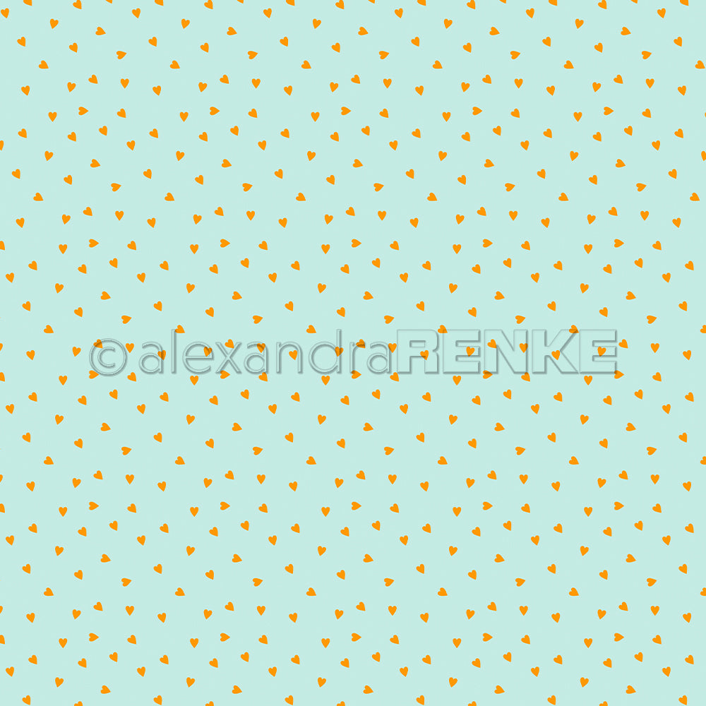 Hellblauer Hintergrund mit einem sich wiederholenden Muster aus kleinen, orange-gelben Herzen, die gleichmäßig verteilt sind – perfekt als Designpapier für Ihre Papierprojekte, insbesondere für ein Sommer-Special zum Thema „Herzen“.
