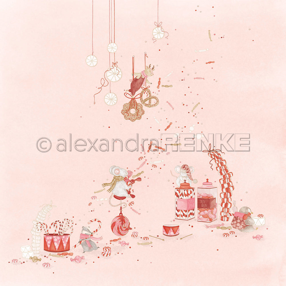Verspielte Illustration von Weihnachtsmäusen und Süßigkeiten auf einem rosa Designpapier-Hintergrund, entworfen von alexandraRENKE.