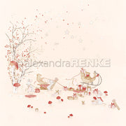 Verspielte Illustration von Weihnachtsmäusen, die einen Schlitten ziehen und neben einer Birke und Pilzen Geschenke auspacken – ideal für festliche Grußkarten.