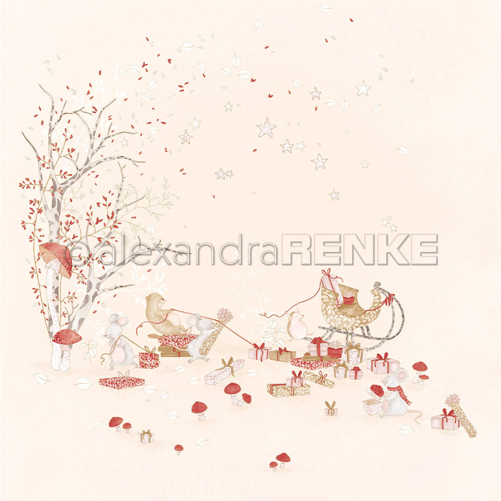 Verspielte Illustration von Weihnachtsmäusen, die einen Schlitten ziehen und neben einer Birke und Pilzen Geschenke auspacken – ideal für festliche Grußkarten.