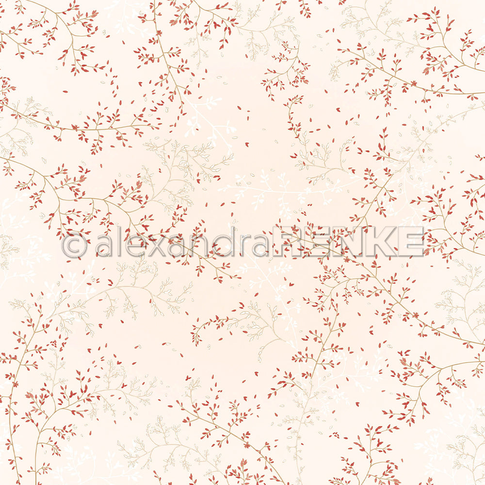Zarte rote und hellbraune Zweige bilden ein Muster auf diesem blassrosa Designpapier, das ein Wasserzeichen mit der Aufschrift „Alexandra Renke“ aufweist.