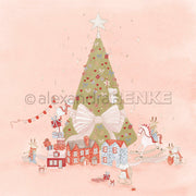 Ein illustrierter Weihnachtsbaum, geschmückt mit Herzen und einer großen Schleife, umgeben von kleinen Häuschen und festlichen Weihnachtsmäusen auf Designpapier.