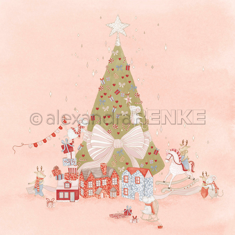 Ein illustrierter Weihnachtsbaum, geschmückt mit Herzen und einer großen Schleife, umgeben von kleinen Häuschen und festlichen Weihnachtsmäusen auf Designpapier.