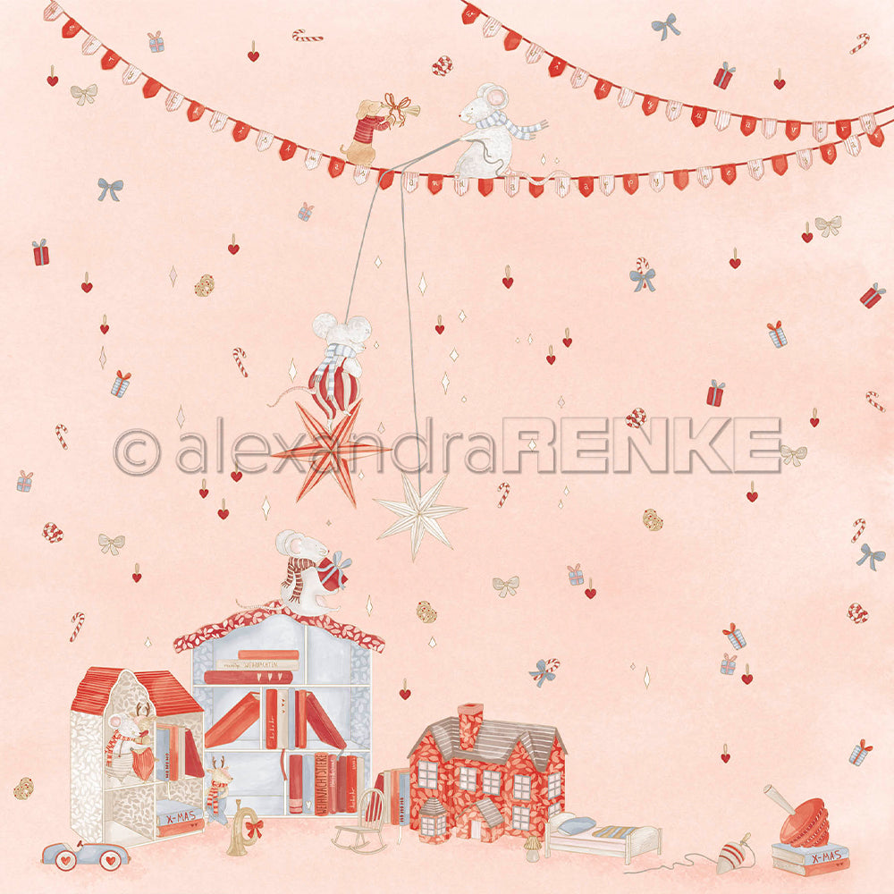 Aquarellillustration von Mäusen, die mit Miniaturhäuschen, festlicher Girlande und einem Hauch von Puppenhauszauber für Weihnachten dekorieren.