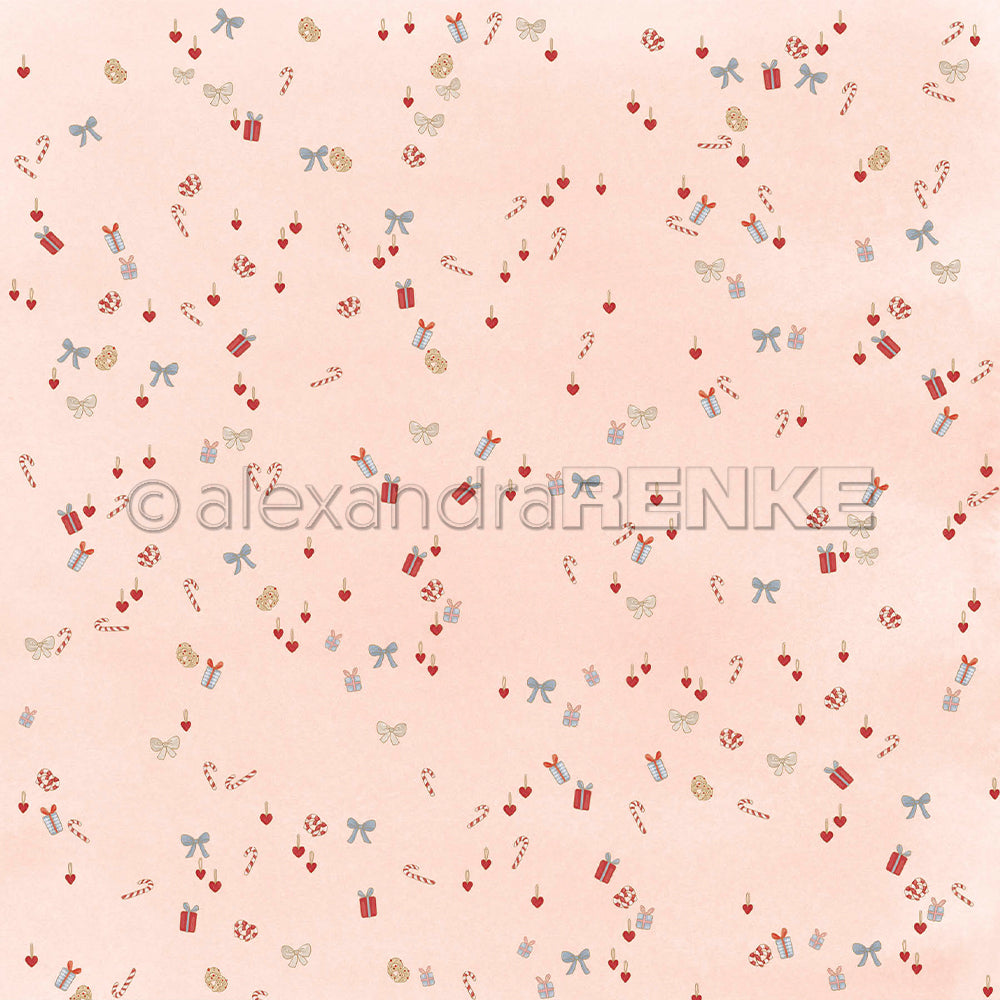 Rosa Designpapier mit kleinen, hängenden Motiven wie Weihnachtsgeschenken, Herzen, Schleifen und Zuckerstangen für Papierbastelprojekte.