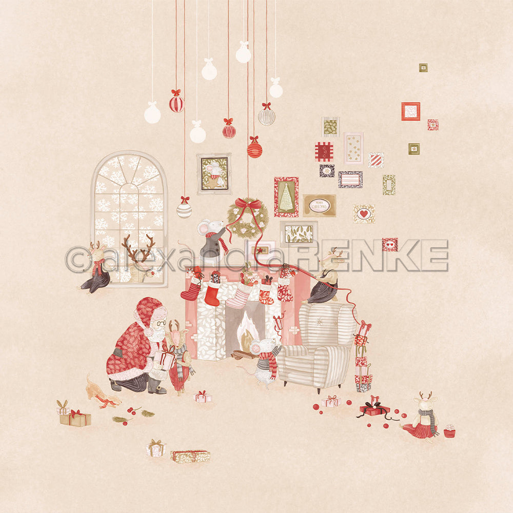 Der Weihnachtsmann und anthropomorphe Weihnachtsmäuse schmücken ein Wohnzimmer mit Designpapier für ihre Weihnachtsprojekte.