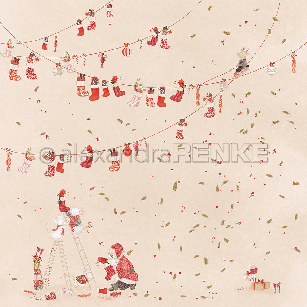 Weihnachtsillustration mit dem Weihnachtsmann und Weihnachtsmäusen, die Strümpfe an einer Wäscheleine aus Designpapier „Weihnachten“ aufhängen.