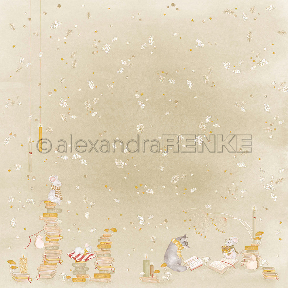 Bemaltes Bastelpapier mit kleinen Tieren, Bücherstapeln und Kerzen auf beigem Hintergrund mit goldenen Sternen – ideal für Projekte in der Buchbinderei.