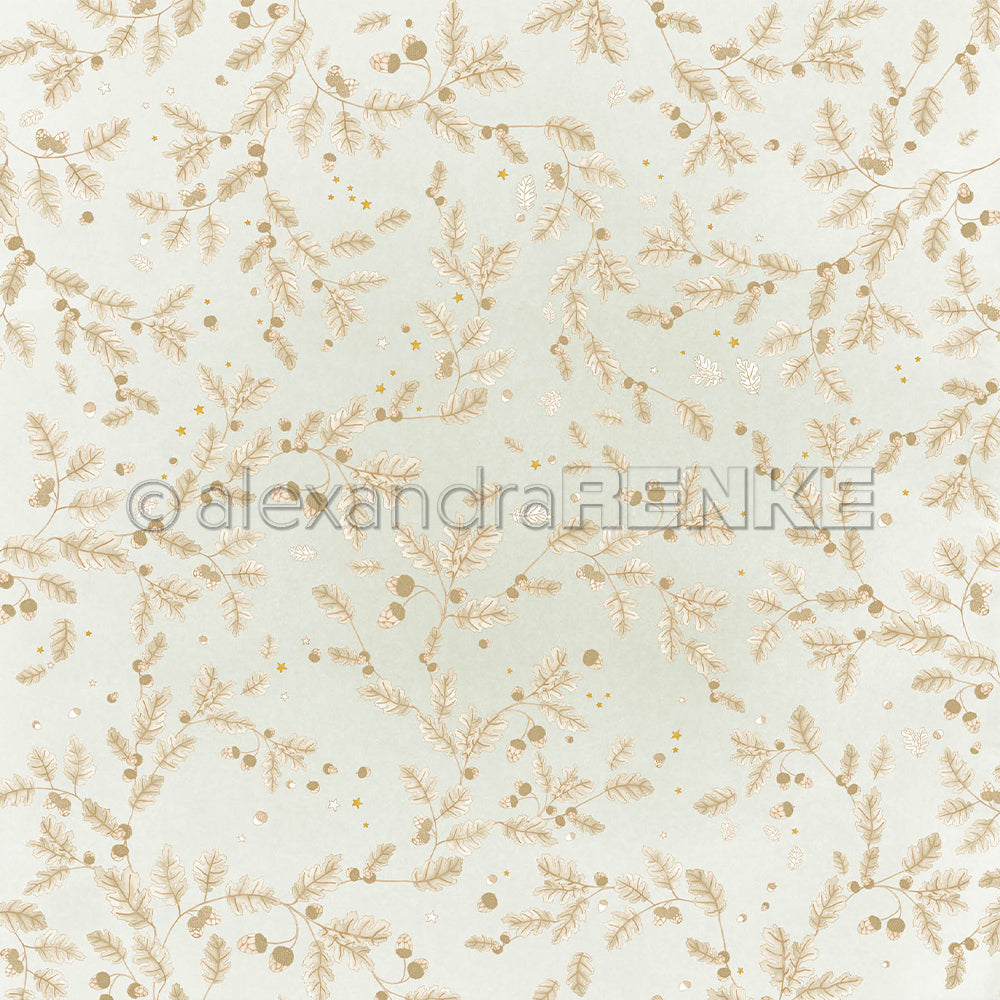 Gemustertes Designpapier „Eichenwirbel“ mit goldenen Eichel- und Zweigmotiven und dem Wasserzeichen „alexandraRENKE“.