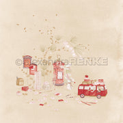 Aquarellillustration, auf der Weihnachtsmäuse Briefe in einen Briefkasten werfen und Geschenke in einen roten Lieferwagen laden – für Bastelprojekte.