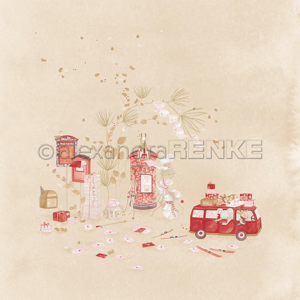 Aquarellillustration, auf der Weihnachtsmäuse Briefe in einen Briefkasten werfen und Geschenke in einen roten Lieferwagen laden – für Bastelprojekte.