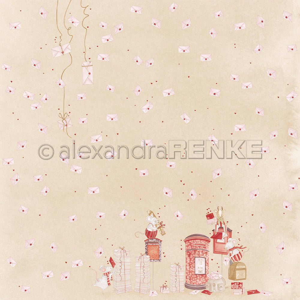 Gemustertes Designpapier zum Thema „Weihnachten“ mit Mäusen, die Briefe in einen Briefkasten werfen, und Stapeln von Briefumschlägen auf beigem Hintergrund – ideal für Papierprojekte.