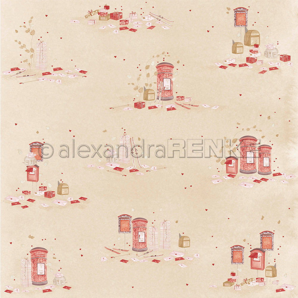 Gemustertes Designpapier „Weihnachtspost“ mit Illustrationen von roten Briefkästen, verstreuten Briefumschlägen und Geschenkboxen.