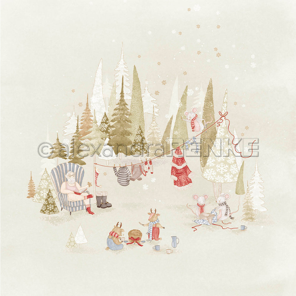 Der Weihnachtsmann und mehrere Mäuse in Winterkleidung, deren Design vom festlichen Designpapier „Weihnachten“ inspiriert ist, versammeln sich in einem verschneiten Wald.