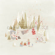 Der Weihnachtsmann und mehrere Mäuse in Winterkleidung, deren Design vom festlichen Designpapier „Weihnachten“ inspiriert ist, versammeln sich in einem verschneiten Wald.