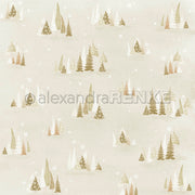 Motiv aus stilisierten immergrünen Bäumen und Schneeflocken in Gold-, Braun- und Weißtönen, ideal für „Tannenwald-Szenen“ auf Designpapier.