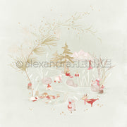 Verspielte Illustration von Mäusen in Winterkleidung, die Schlittschuh laufen und in einem verschneiten Wald ein Picknick machen – ideal für Weihnachtsdesignpapier und Grußkarten.