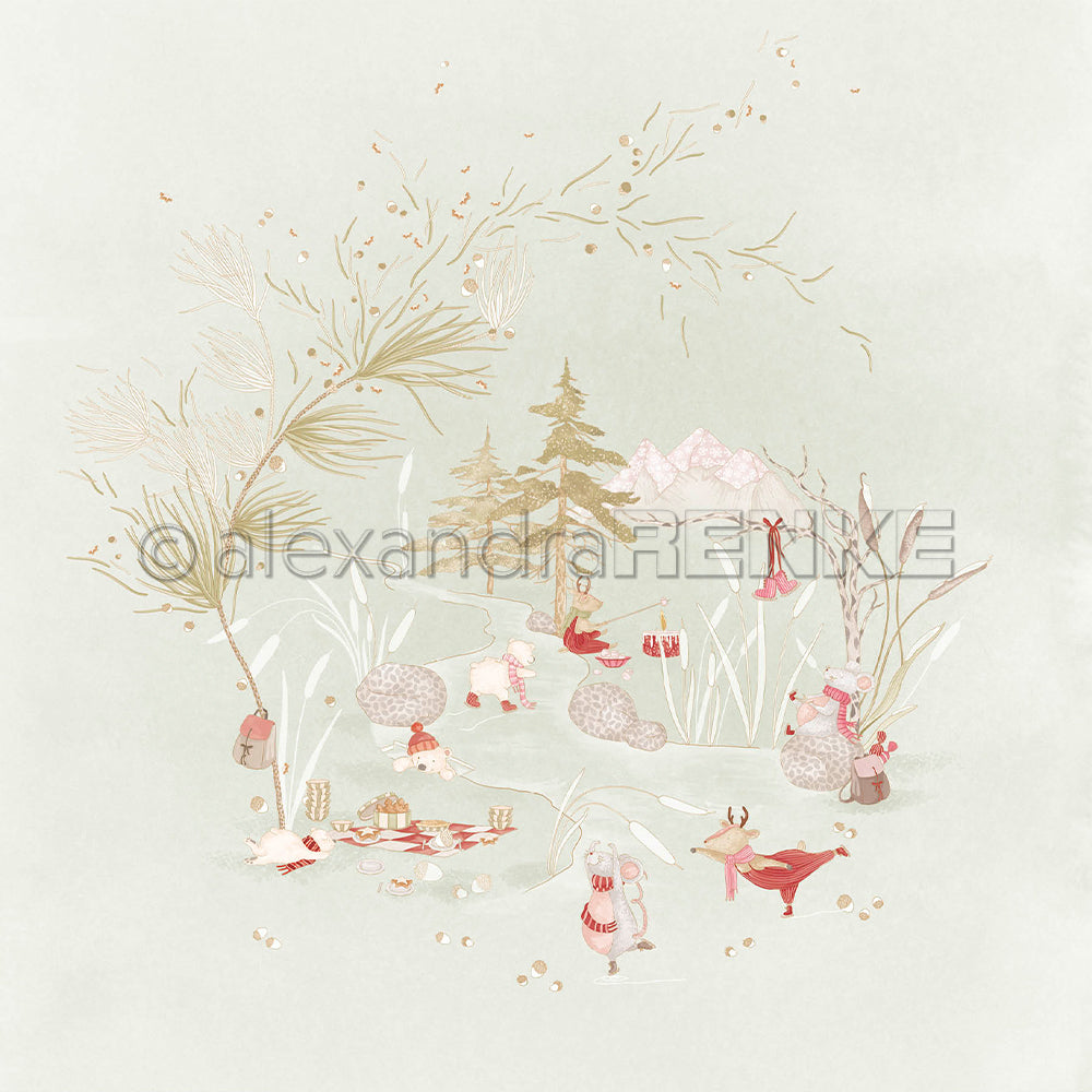Verspielte Illustration von Mäusen in Winterkleidung, die Schlittschuh laufen und in einem verschneiten Wald ein Picknick machen – ideal für Weihnachtsdesignpapier und Grußkarten.