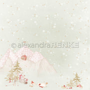 Scrapbook-Papier mit einer Winterlandschaft aus verschneiten Bergen, Kiefern und im Schnee spielenden Mäusen – ideal für „Designpapier Weihnachten“ und kreative Papierprojekte.