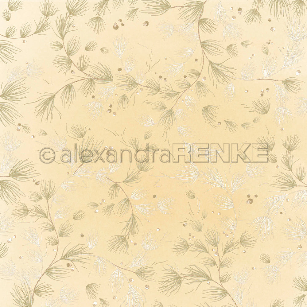 Designpapier mit einem Muster aus Kiefernnadeln und kleinen Beeren auf hellgelbem Hintergrund, einschließlich des Alexandra-Renke-Logos.