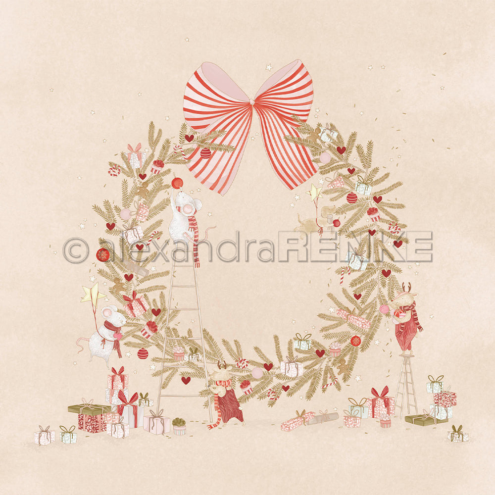 Ein Weihnachtskranz, geschmückt mit Anhängern und Geschenken, umgeben von kleinen Weihnachtsmäusen auf Leitern aus Designpapier.