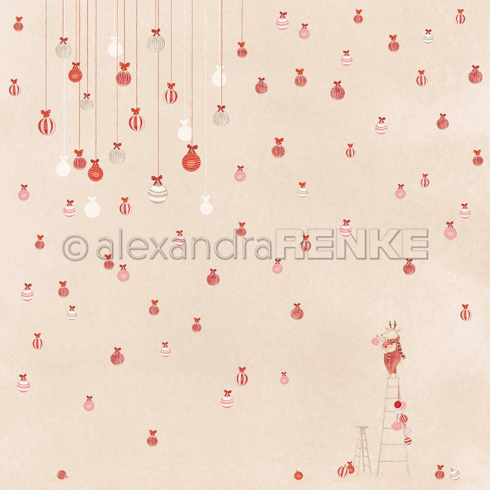 Eine Illustration eines Rentiers, das auf einer Leiter steht, an der rot-weiße „Weihnachtsmäuse“-Kugeln hängen, mit dem Alexandra-Renke-Logo.