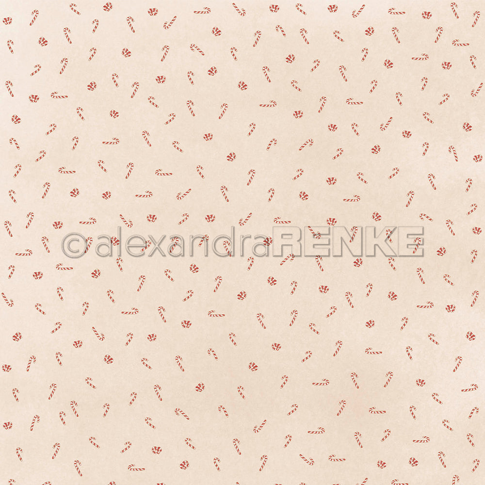 Ein sich wiederholendes Muster aus kleinen roten und weißen Zuckerstangen auf beigem Hintergrund mit einem Alexandra-Renke-Wasserzeichen – ideal für Designpapier und Papierprojekte.