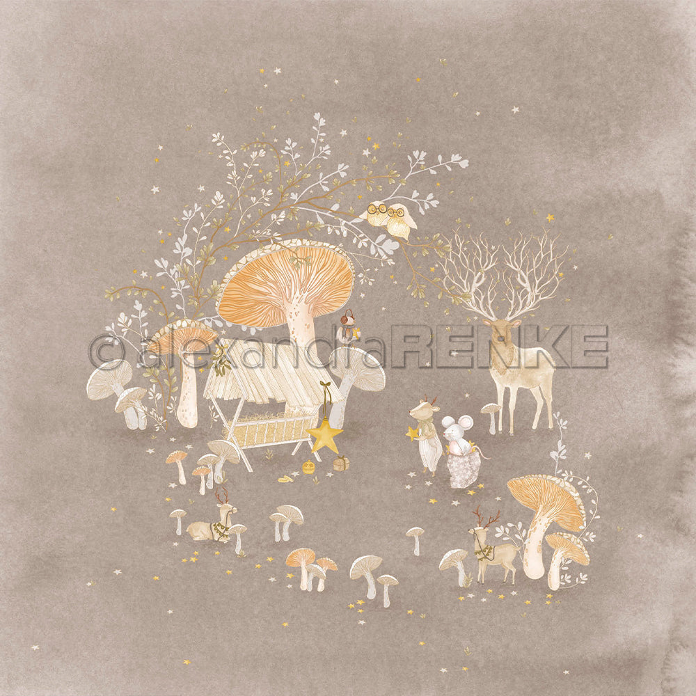 Illustration von Weihnachtsmäusen und Rehen in einem Wald mit Pilzen, Sternen und einer Wiege auf Designpapier.