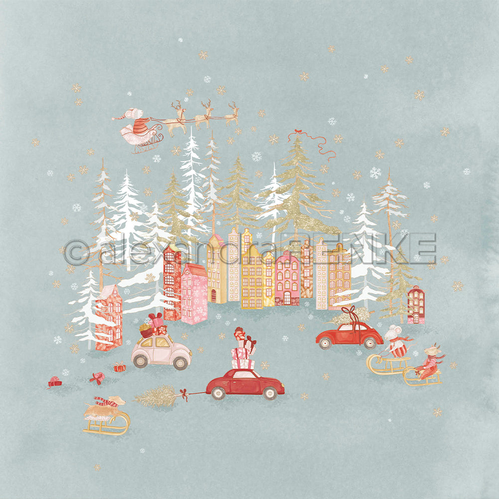 Illustrierte Winterszene auf Designpapier, auf der Weihnachtsmäuse Autos fahren und mit Schlitten durch eine verschneite Stadt sausen, während über ihnen der Schlitten des Weihnachtsmanns zu sehen ist.