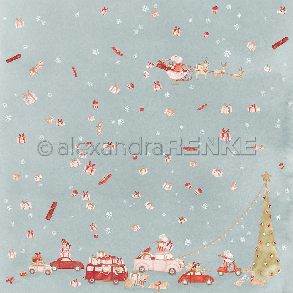 Motiv mit dem Weihnachtsmann im Schlitten, Autos mit Geschenken und einem Weihnachtsbaum auf hellblauem Designpapier „Weihnachten“.