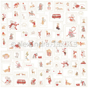 Eine Sammlung kleiner, illustrierter Briefmarkenmotive mit Mäusen, Dackeln und weihnachtlichen Motiven – ideal für Bastelprojekte aus Papier.
