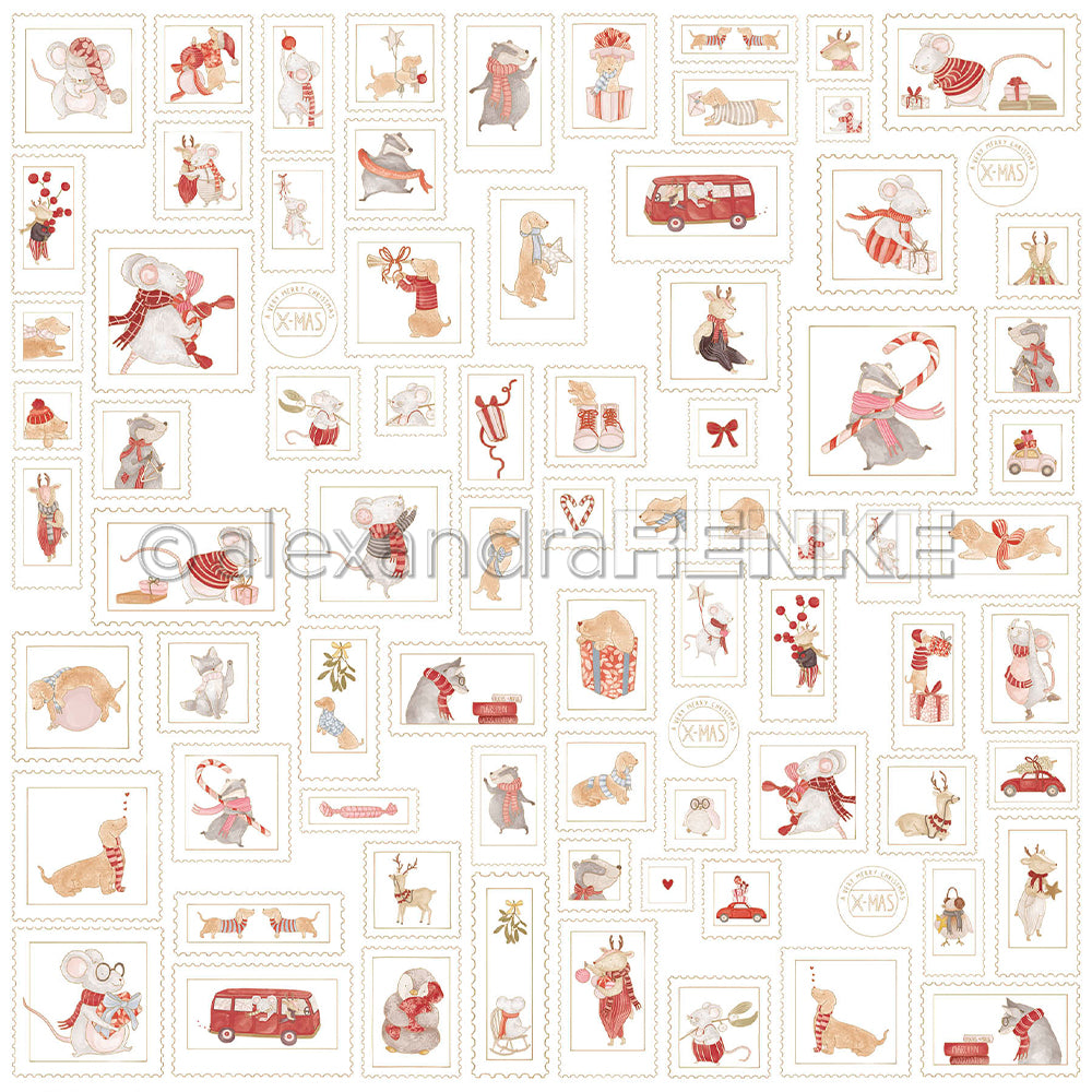 Eine Sammlung kleiner, illustrierter Briefmarkenmotive mit Mäusen, Dackeln und weihnachtlichen Motiven – ideal für Bastelprojekte aus Papier.