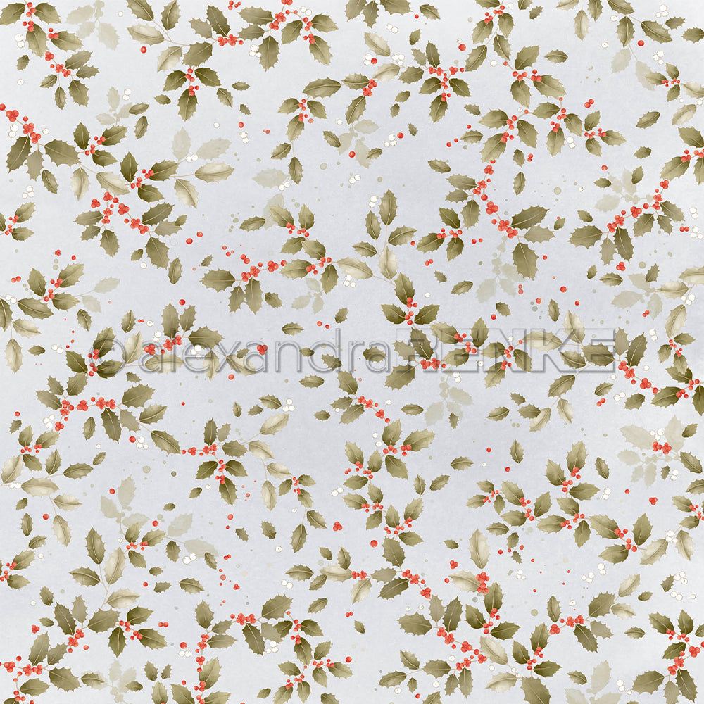 Motiv aus grünen Stechpalmenblättern und roten Beeren auf Designpapier mit hellem Hintergrund.